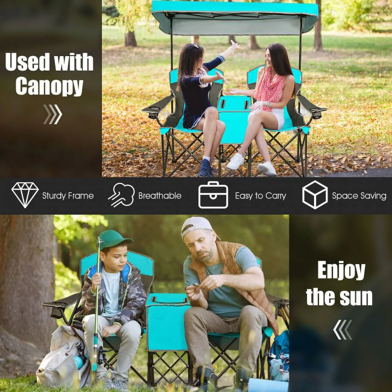 SUGIFT Portable Folding Camping Canopy Chairs 2 Seat Chair with Cup Holder and Tent Green