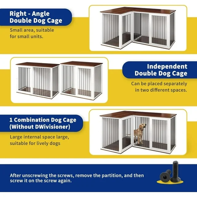 Large Dog Crate Furniture for 2 Dogs, Linor Large Dog Kennel Furniture with Divider, Double Doors, Wooden Double Dog Crate, 80.7 x 23.6 x 31.4 inches (White)