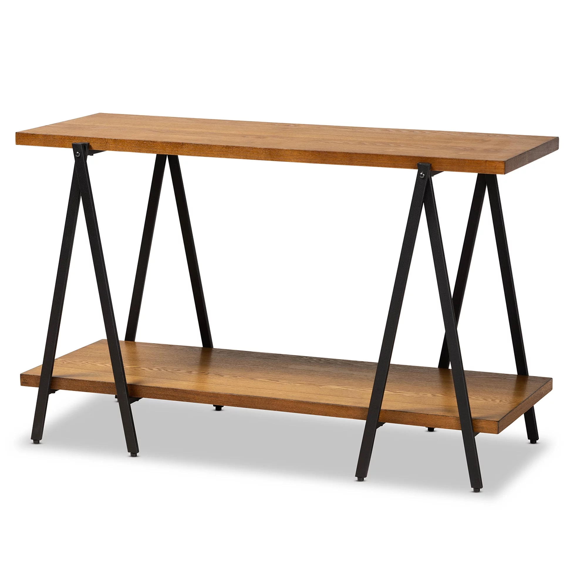 Baxton Studio Britton Industrial Wood and Metal 2 Tier Console Table, Walnut/Black