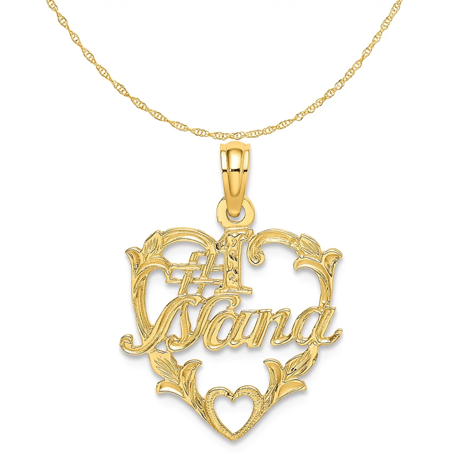 Carat in Karats 14K Yellow Gold #1 Nana In Heart Pendant Charm (20.8mm x 17.1mm) With 14K Yellow Gold Lightweight Rope Chain Necklace 20''