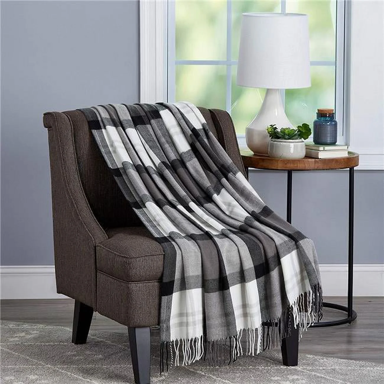 Oversized Vintage Look Woven Acrylic Faux Cashmere-Feel Plaid Throw - Phantom