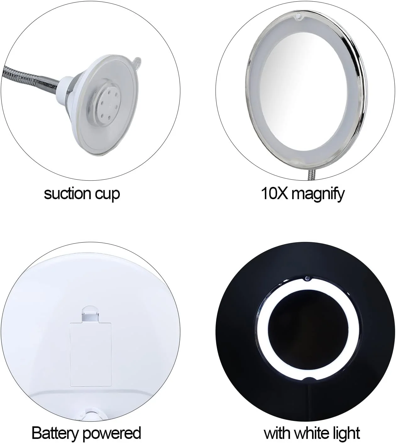 PandaTop Led 10X Magnifying Makeup Mirror Lighted, Vanity Bathroom Round Mirror with Suction Cup and 360 Degree Swivel, Flexible Lighted Makeup Mirror,White