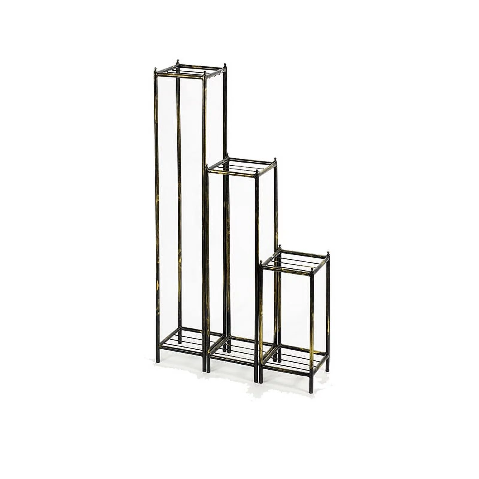 Benjara 40, 29, 17 Inch 2 Tier Square Metal Plant Stand, Slatted, Set of 3, Black, Gold