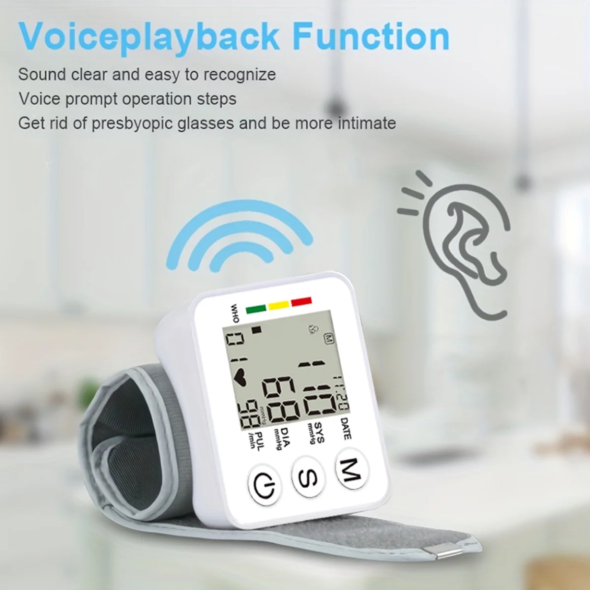 LIMICAR Blood Pressure Monitor,Wrist Blood Pressure Cuff LCD Display Voice Pulsometer Sphygmomanometer,Automatic Blood Pressure Machine for Home Travel Use,White