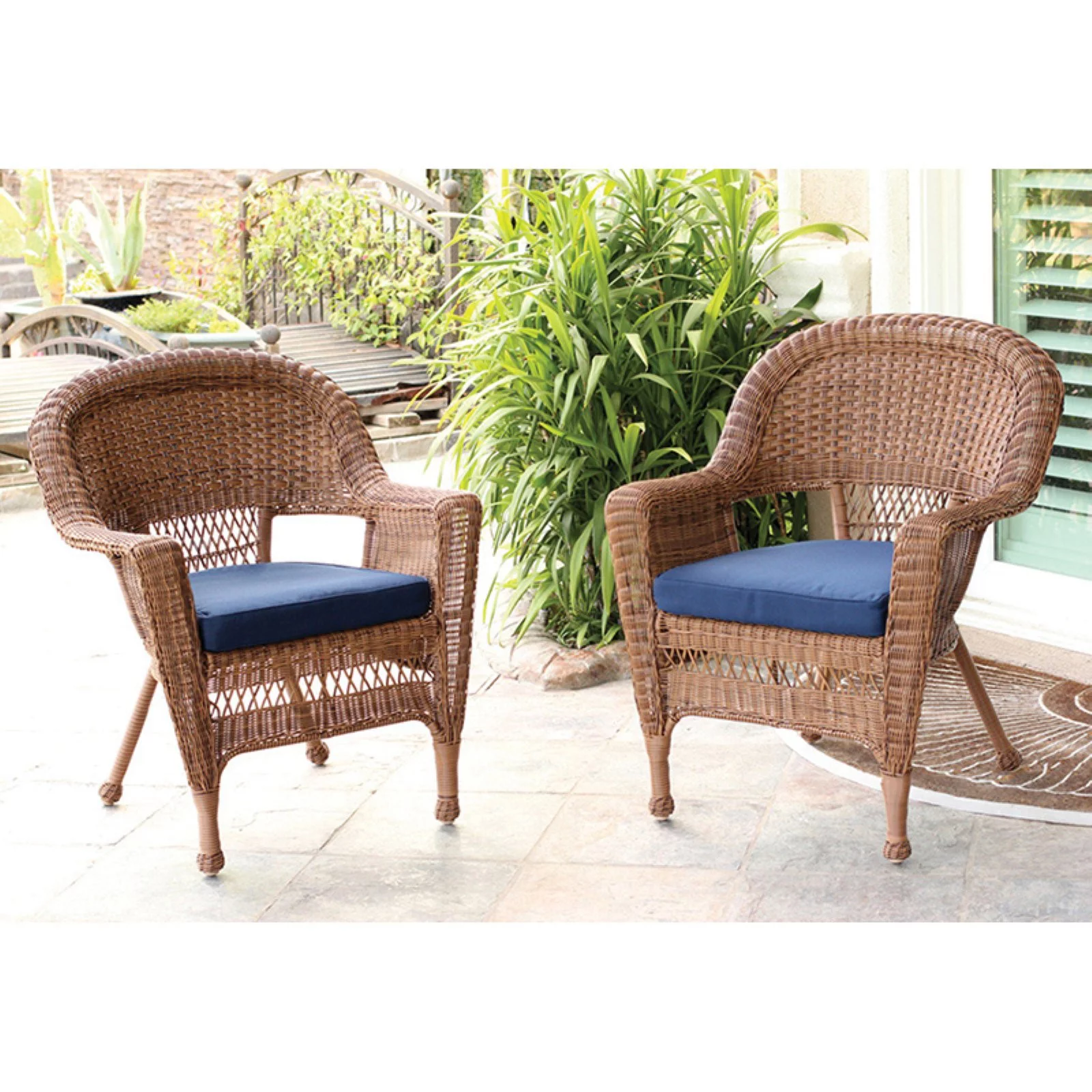 Honey Wicker Chair with Blue Cushion - Set of 4