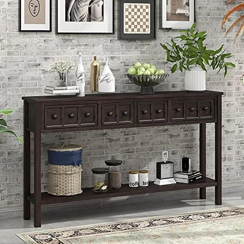 ZWNLKQG Rustic Narrow Console Table with 3 Drawer Wooden Entryway Table with Bottom  for Entryway Hallway