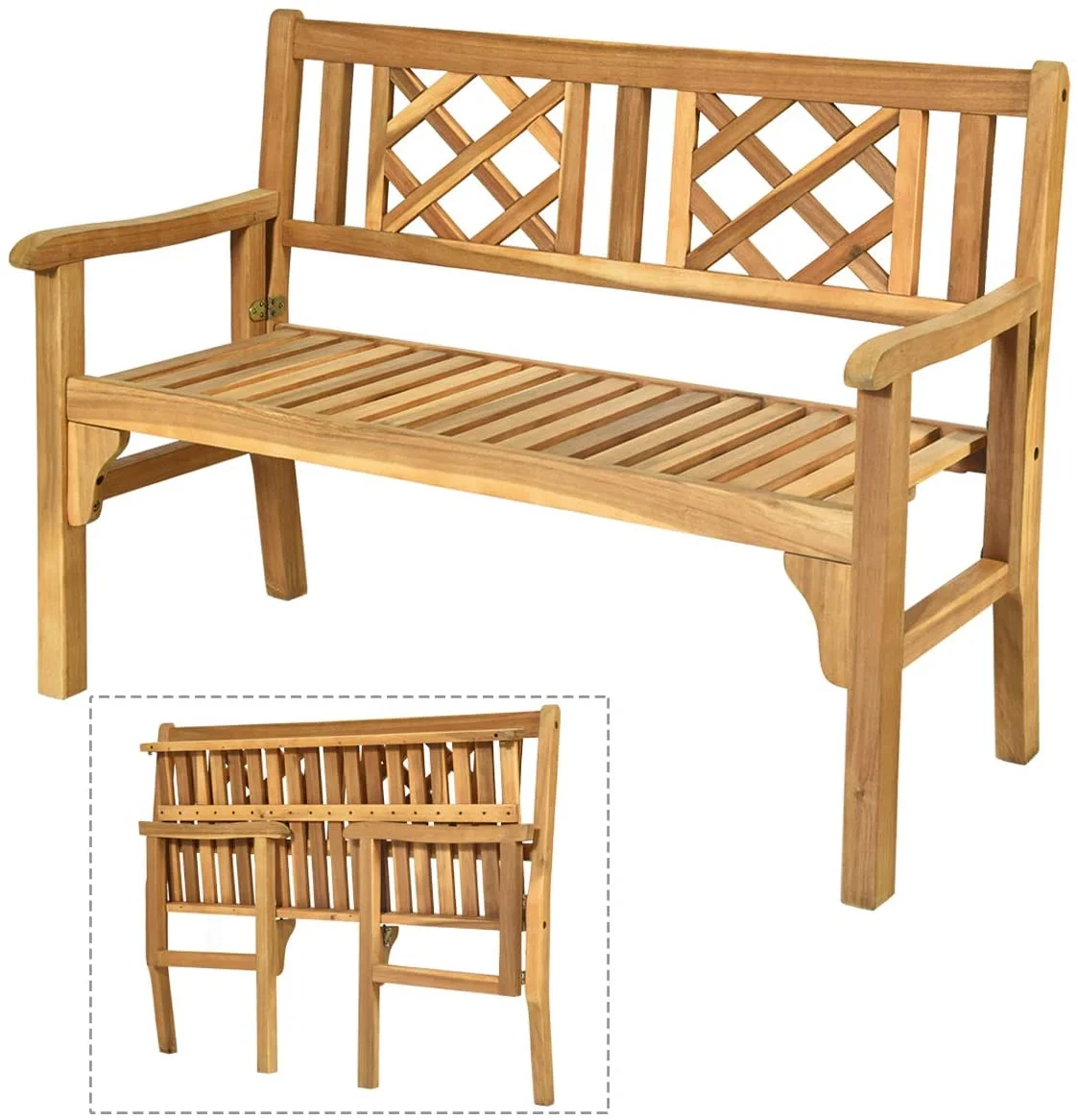 S Wooden Bench, 4 Ft Foldable Acacia Garden Bench, Two Person Loveseat Chair with Curved Backrest and Armrest Ideal for S, Porch or Balcony (Teak)