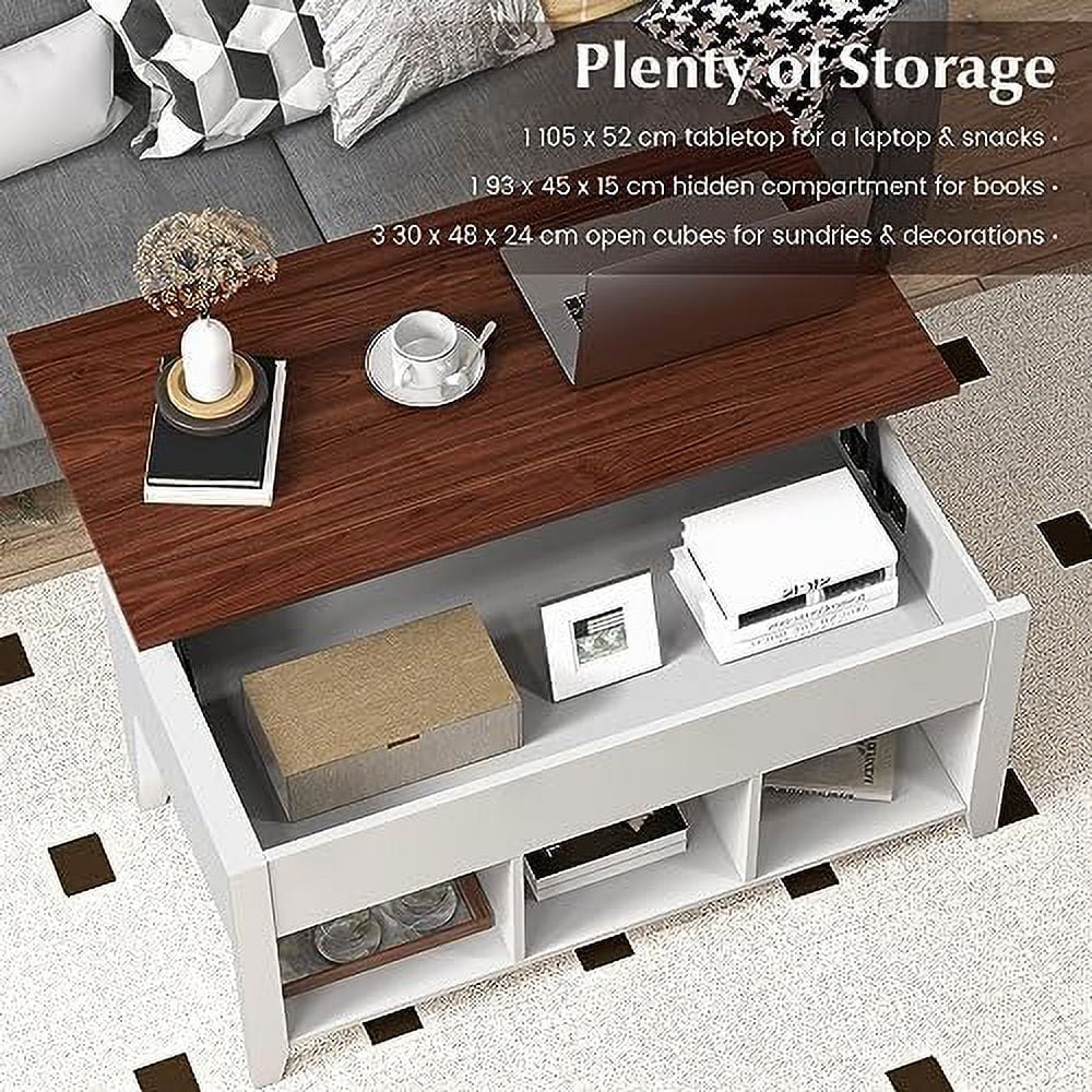 TJUNBOLIFE Lift Top Coffee Table Modern Wood Cocktail Table with Hidden Compartment and Lower  Shelves  Wooden Laptop Table Lift Tabletop Home  (White)