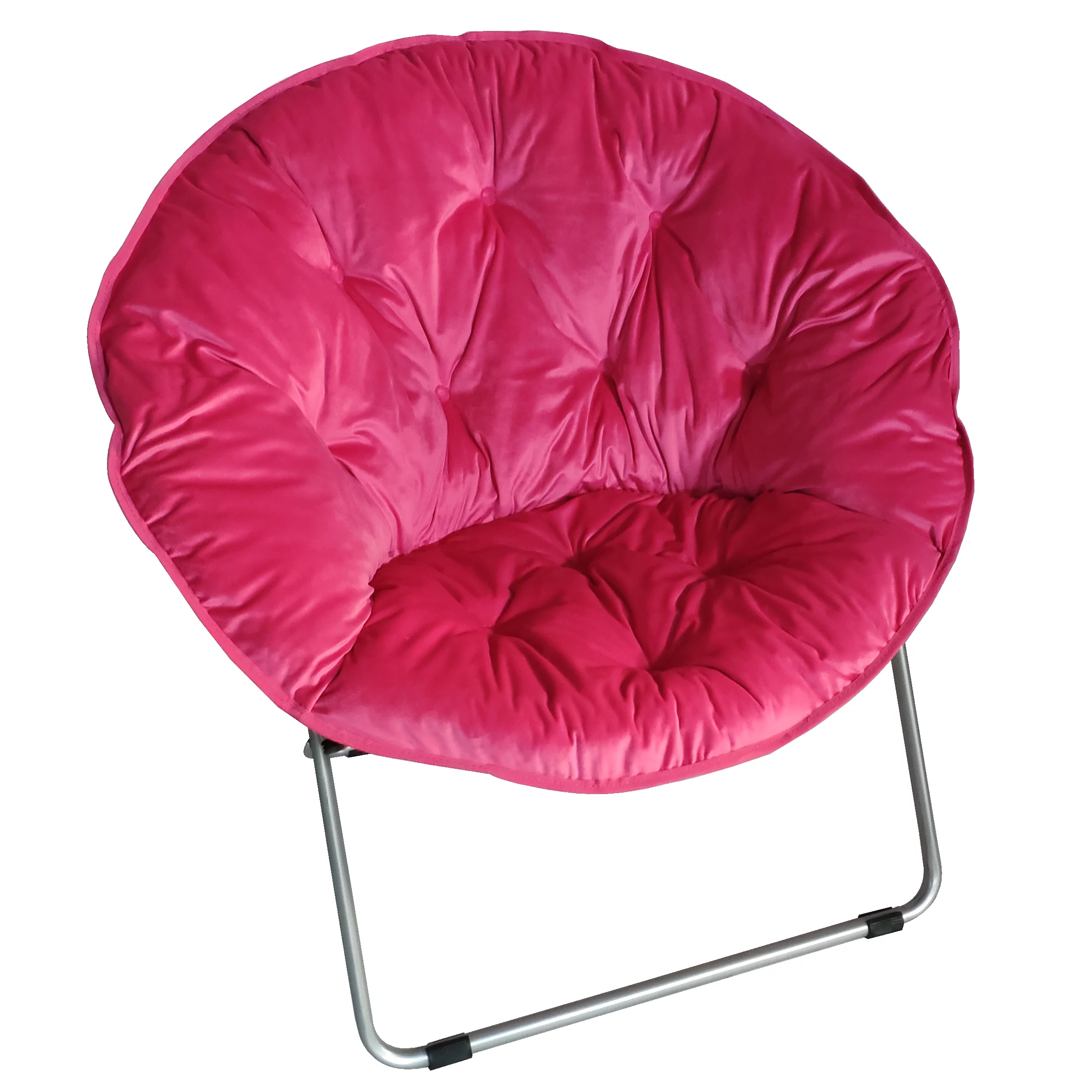 Zenithen Round Chair with High Gloss Silver Frame in Tufted Velvet Fabric, Pink
