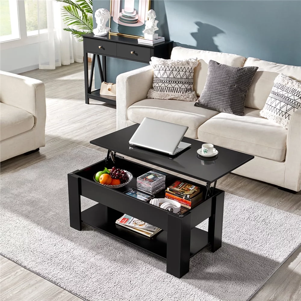 Topeakmart Wooden Lift Top Coffee Table Accent Table with Hidden Storage, Black