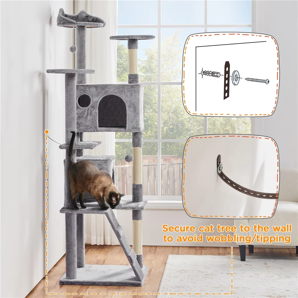 Topeakmart 80″ Tall Multilevel Cat Tree with 2 Condos & 3 Scratching Posts for Kittens, Light Gray
