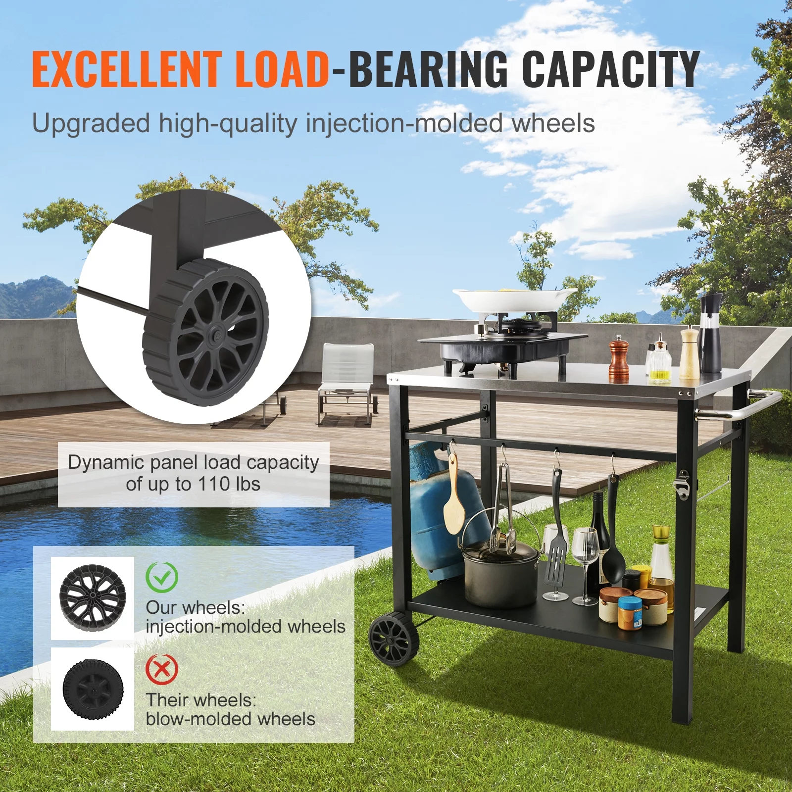 SKYSHALO Double-Shelf BBQ Outdoor Grill Dining Cart Movable Food Prep Trolley Patio