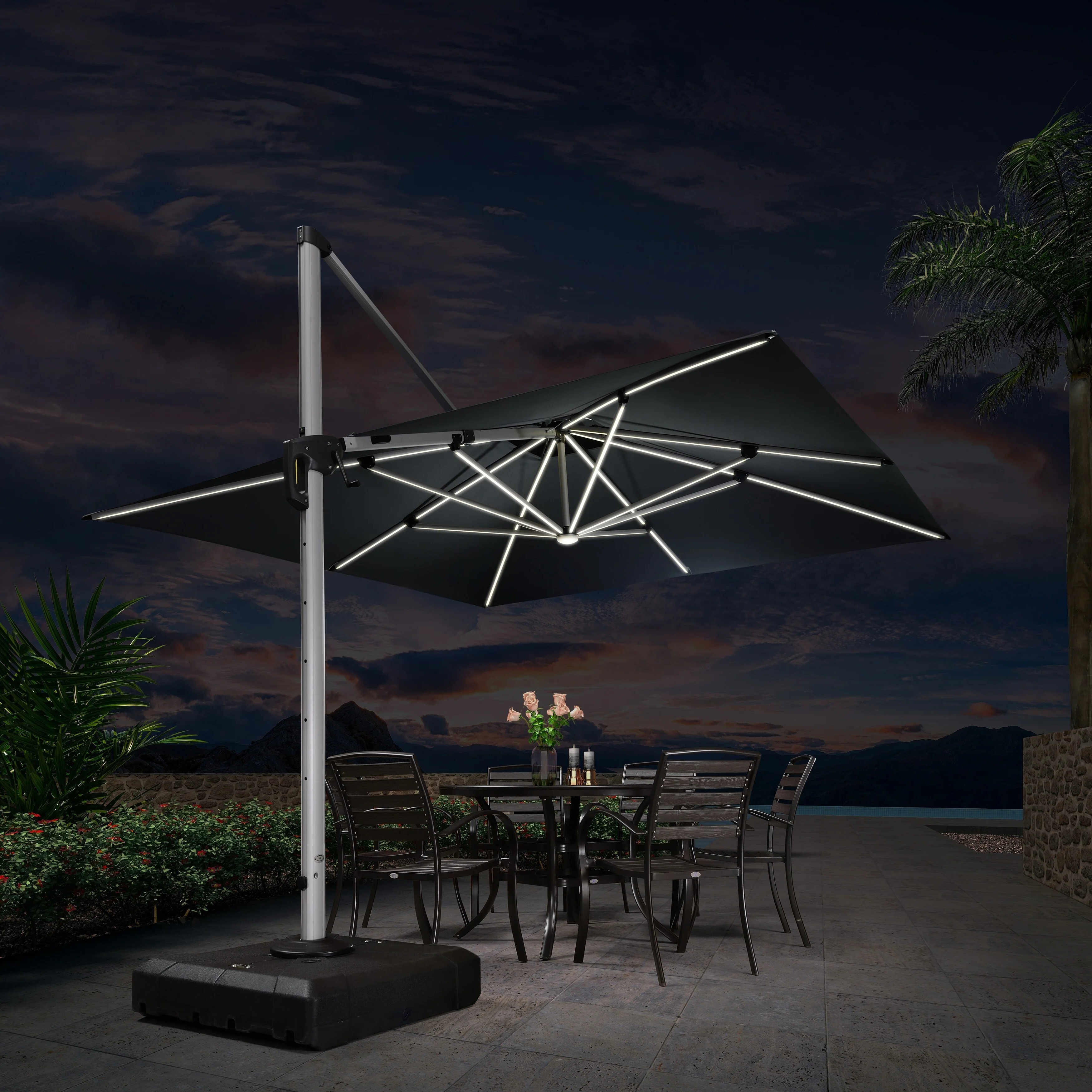 PURPLE LEAF  11 ft Double Top LED Square Patio Cantilever Umbrella with Base Grey