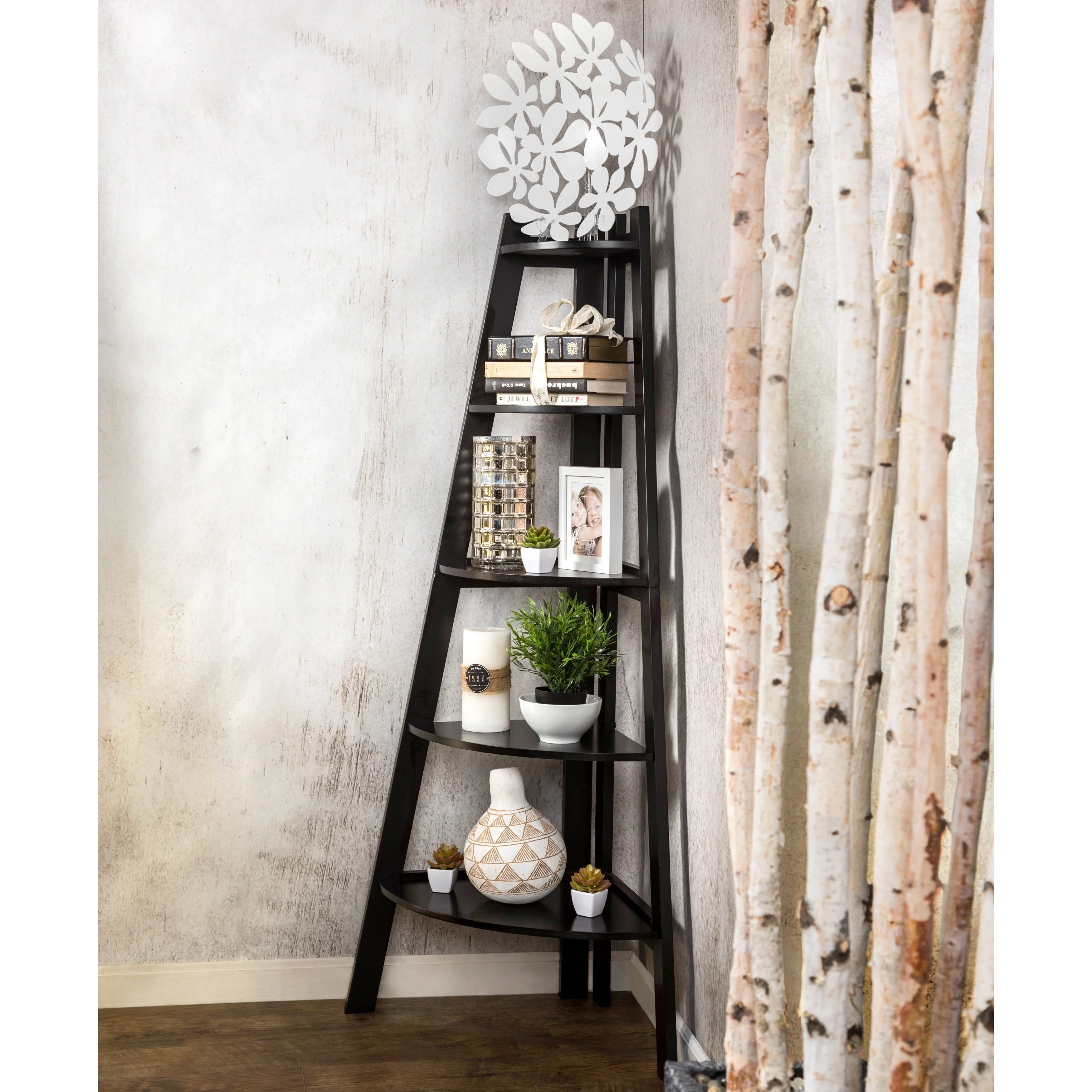 Furniture of America Kiki Transitional 5-Tier Corner Ladder Display Bookshelf by  Black N/A Veneer, Wood Solid Wood Corner, Ladder, Display
