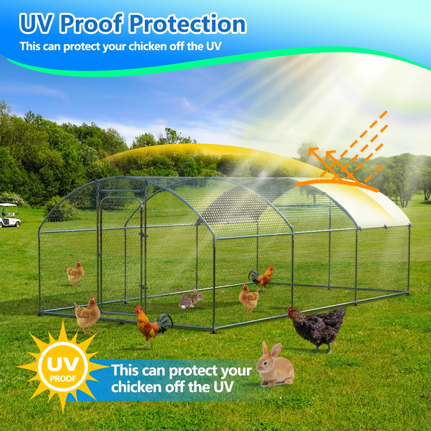 JHOOTUUO Metal Large  Coop Walk-in Poultry Cage Large  Run Arc Shaped Cage with Waterproof Anti-UltravioletCover  1.” Diameter Tube (19.6‘ L x 9.8‘ W x 6.5‘ H)
