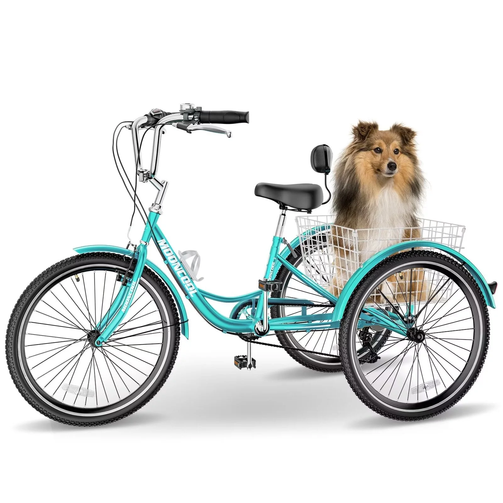 MOPHOTO 20''/24''/26'' Tricycle for Adults, 7 Speed 3-Wheel Bike, Comfort Cruiser Trike, Cyan Tricycle with Big Basket