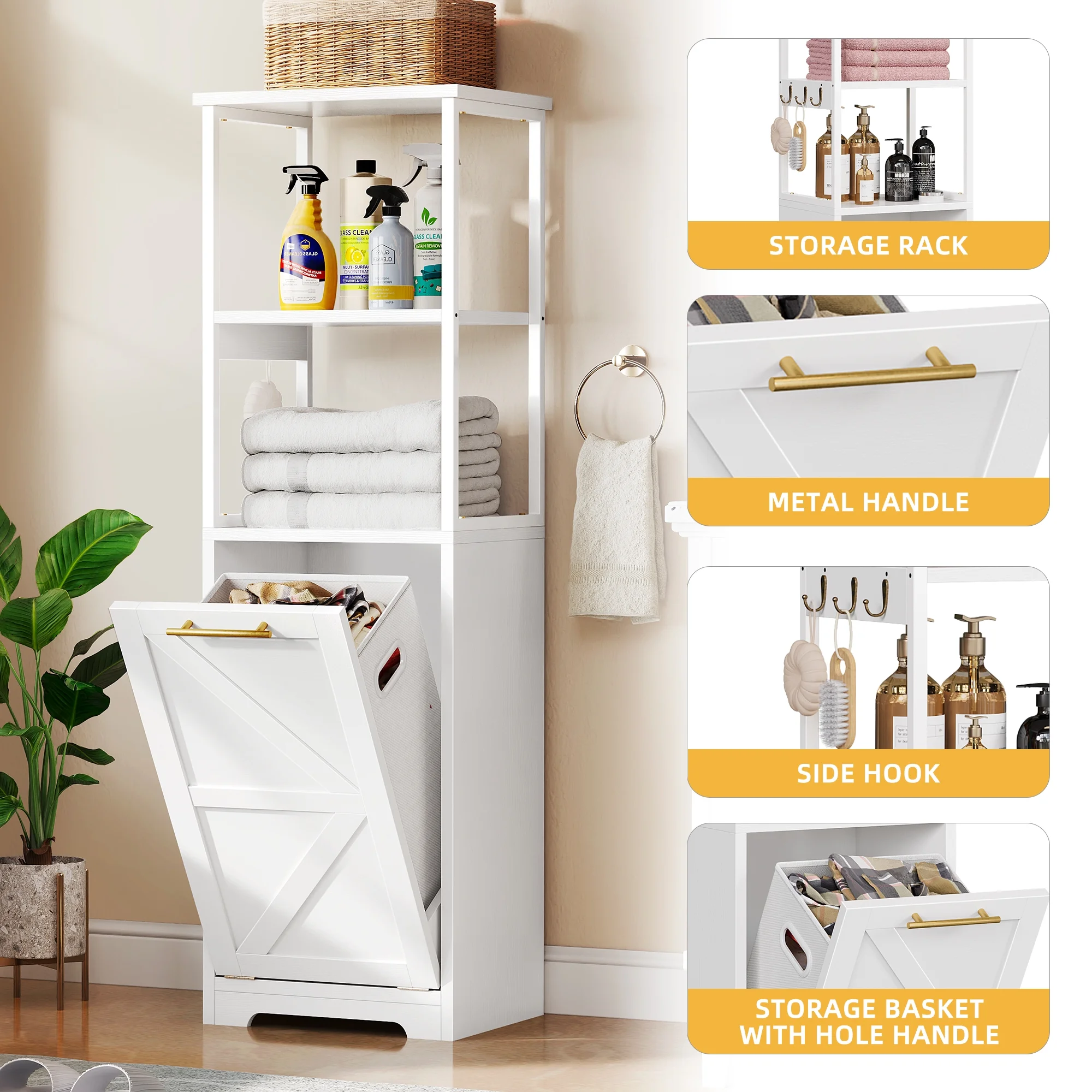 DWVO Tilt Out Laundry Hamper Cabinet with Removable Laundry Basket and 3 Shelves, White