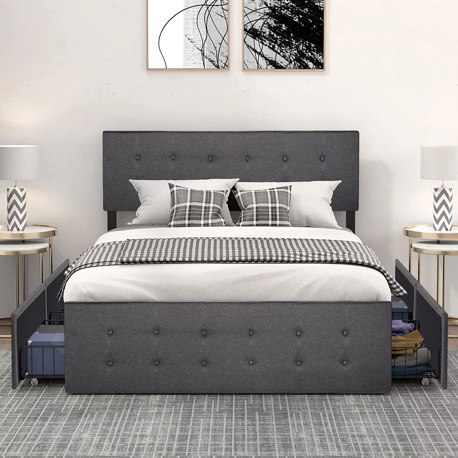 Full Platform Bed Frame with Headboard and 4 Drawers Storage, Button Upholstered Mattress Foundation with Wood Slat Support, No Box Spring Needed