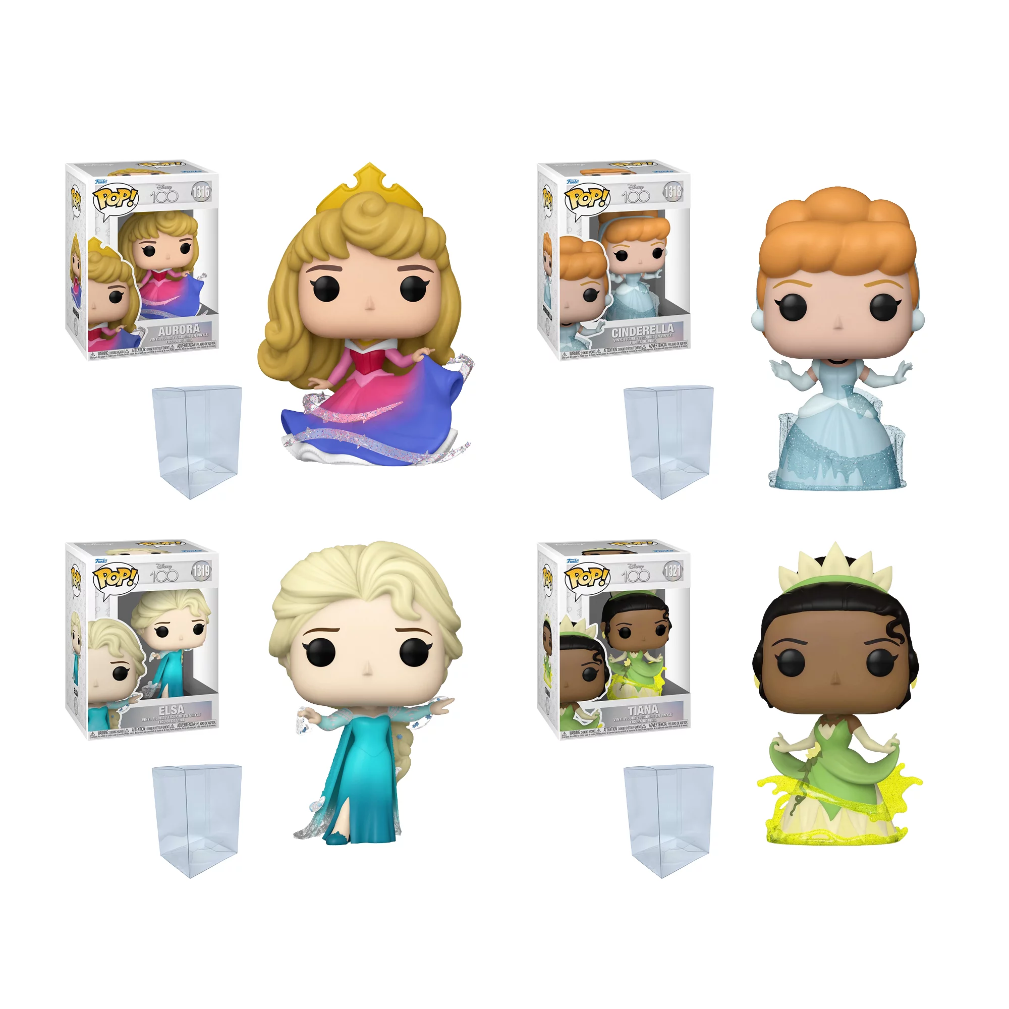 Disney 100 Princess Funko Pop Set of 4 with Protector Bundle - Includes Aurora #1316, Cinderella #1318, Elsa #1319, Tiana #1321 Figures with 4 Blue Salamander Emporium Plastic Protector Cases