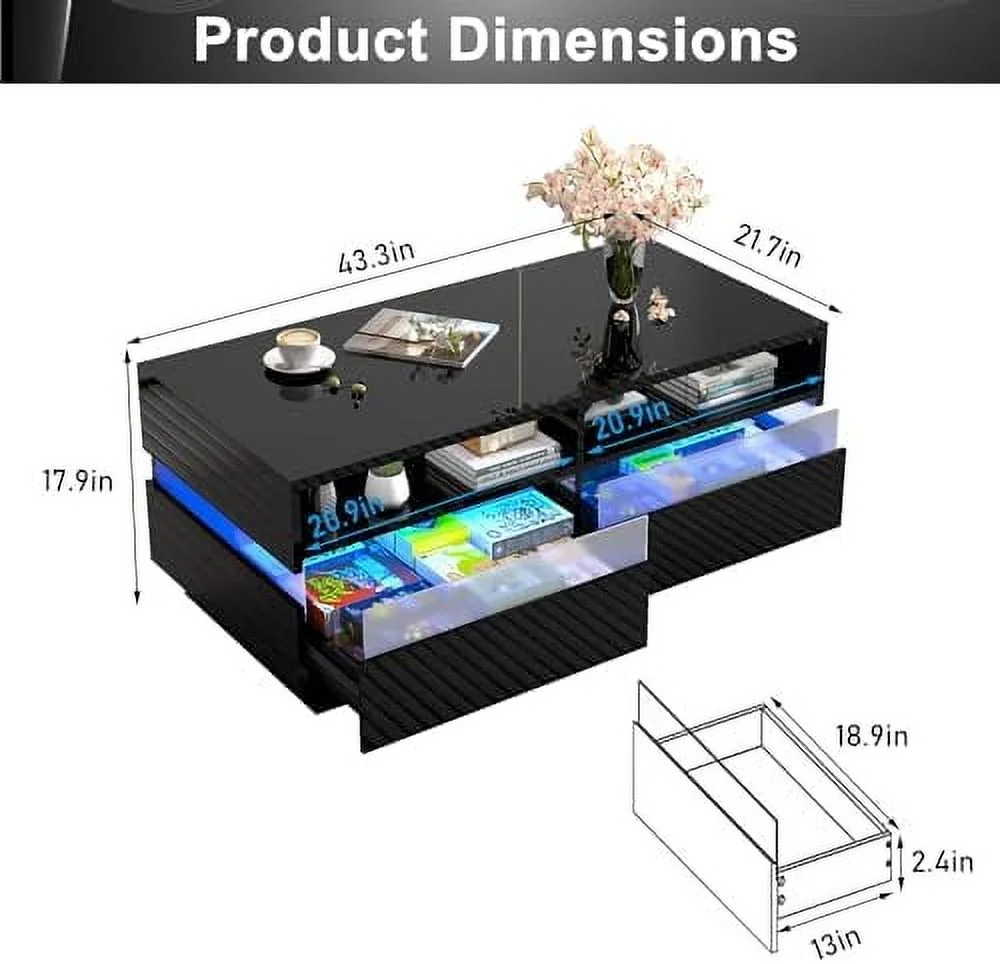 xrboomlife Modern High Glossy LED Coffee Table w/ 2  Drawers Open Display  2-Tier Black Coffee Table w/60000-colo APP Control Rectangle Center Table for Living Room