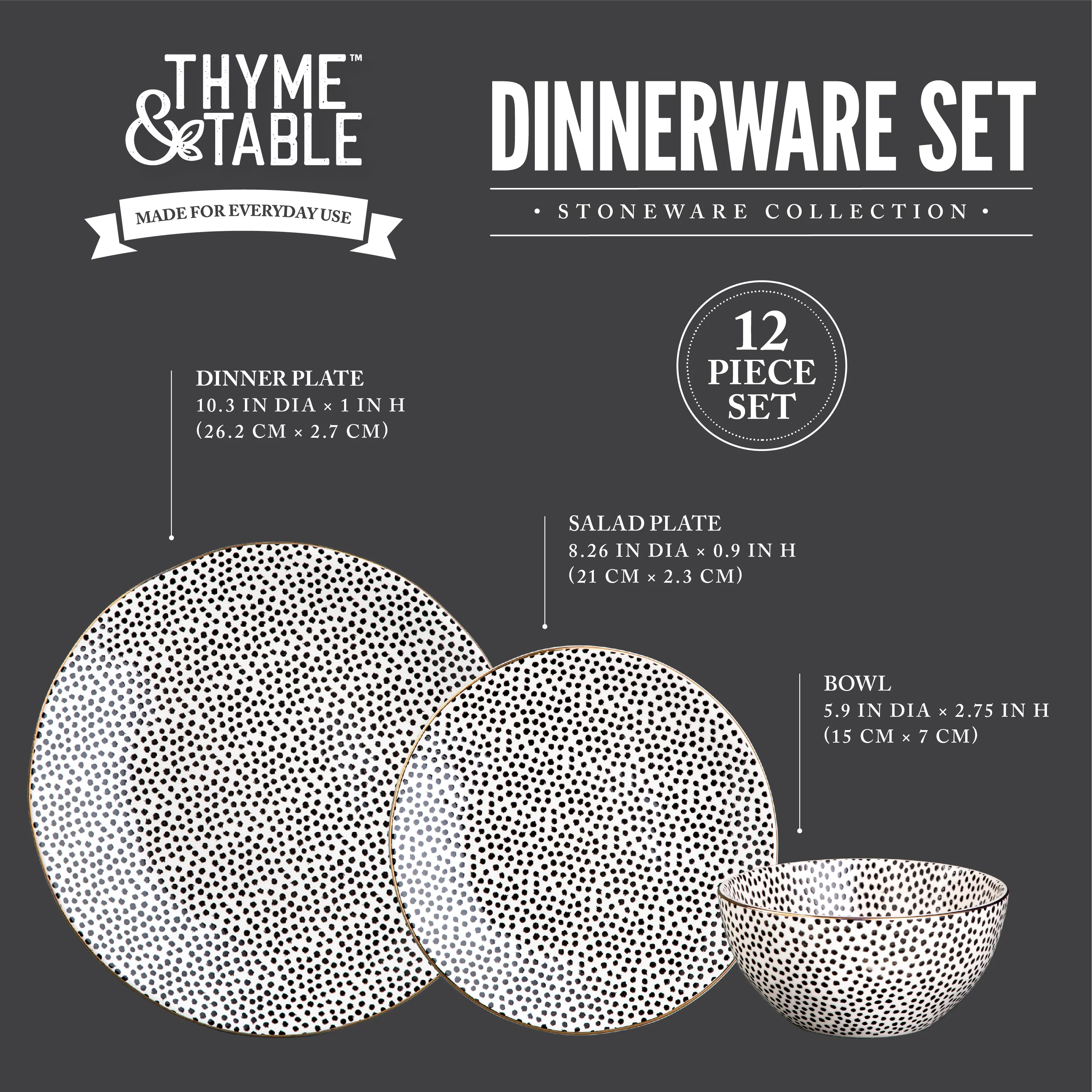 Dinnerware Black & White Dot Stoneware  12 Piece Set