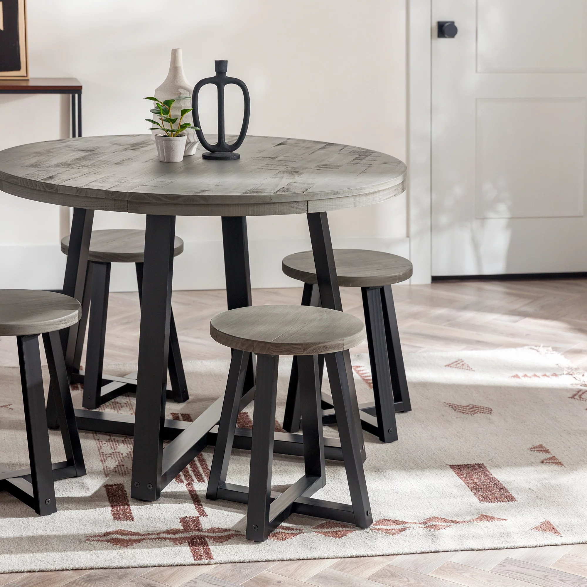 Walker Edison 42” Rustic Distressed Solid Wood Round Dining Table, Grey/Black