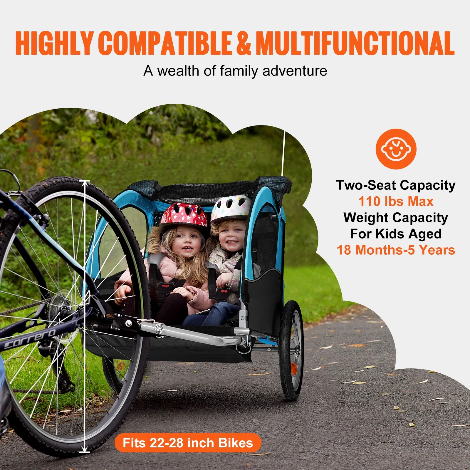 SKYSHALO 110 lbs Folding Kids Bike Trailer 2 Seat Double Child Carrier Trailer