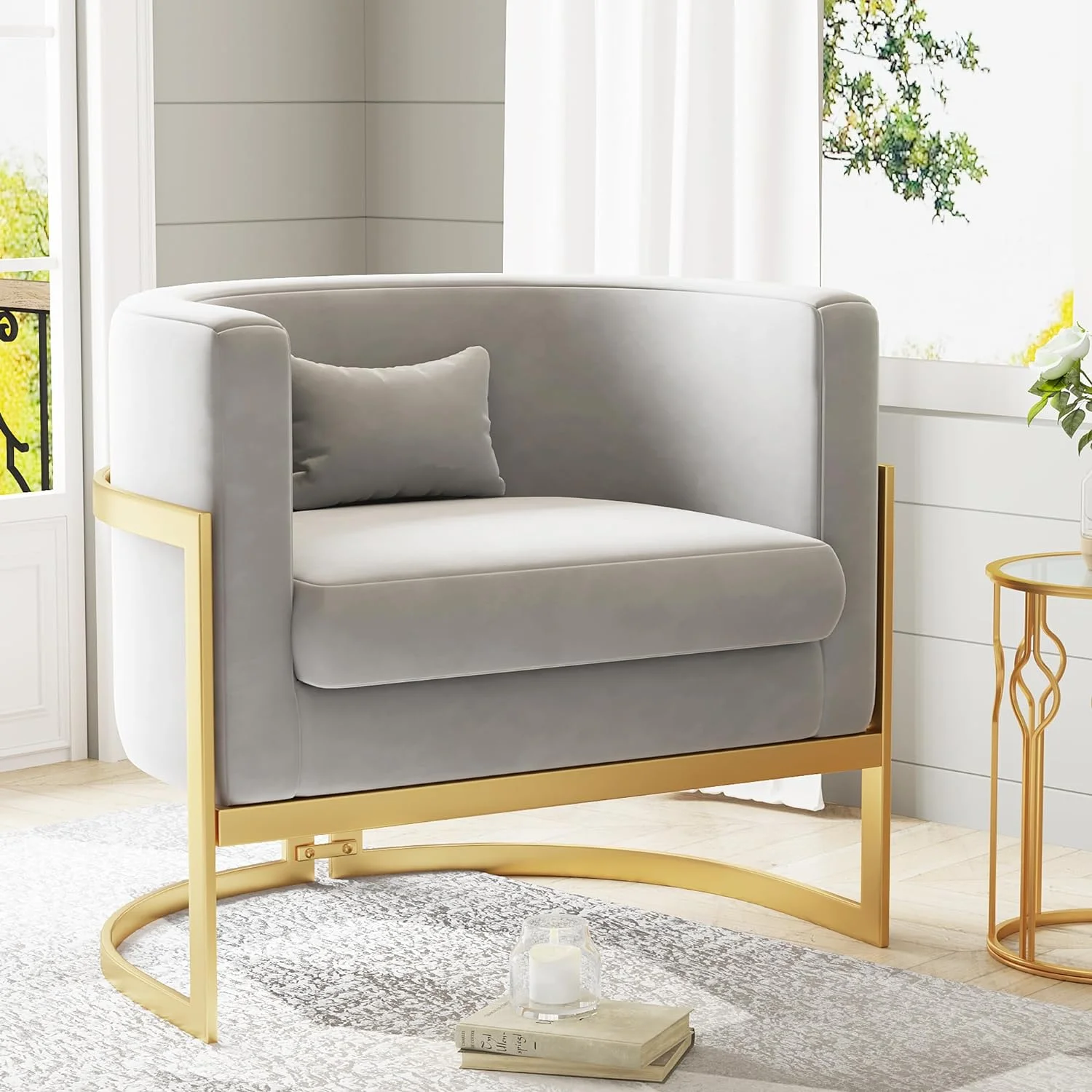 Velvet Accent Chair, Modern Barrel Chair Upholstered Armchair for Living Room Bedroom Single Sofa Chair Club Chairs Gray with Gold Legs