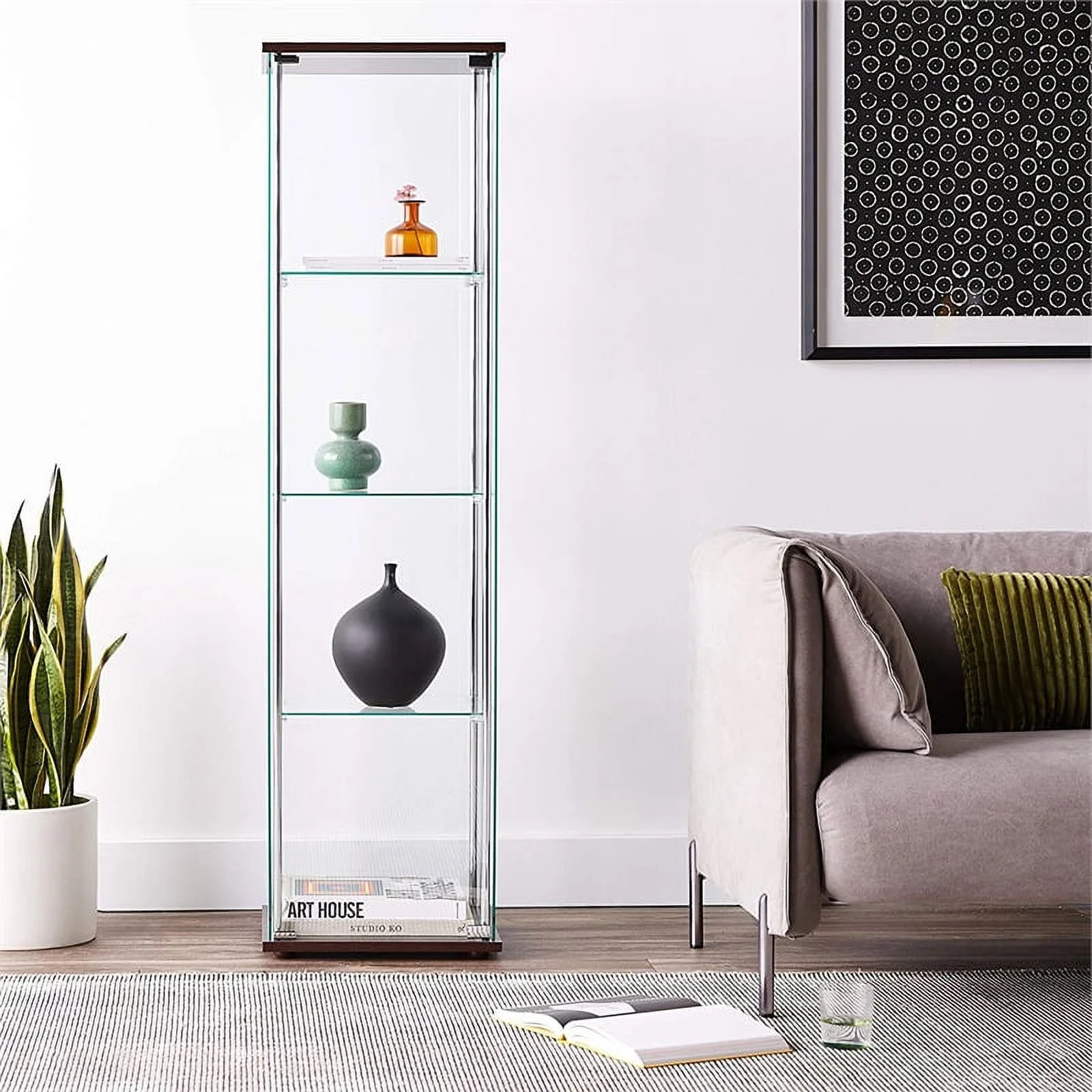 Pemberly Row Contemporary 4 Shelf Glass Curio Cabinet in Cappuccino
