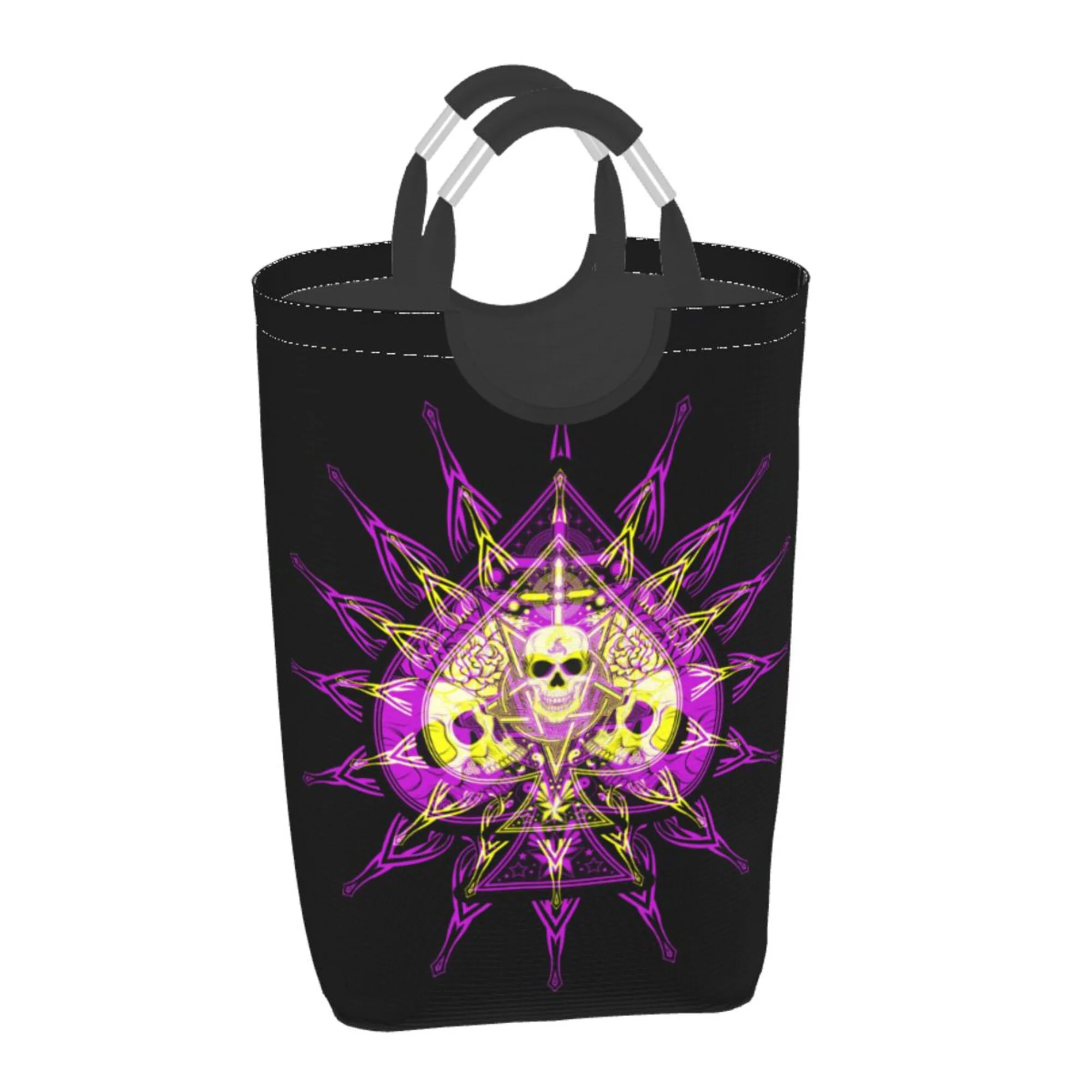 TEQUAN 50L Large Rectangular Laundry Hamper with Aluminum Handles, Spades Poker Death Skeleton Purple Prints Waterproof Foldable Dirty Clothes Basket