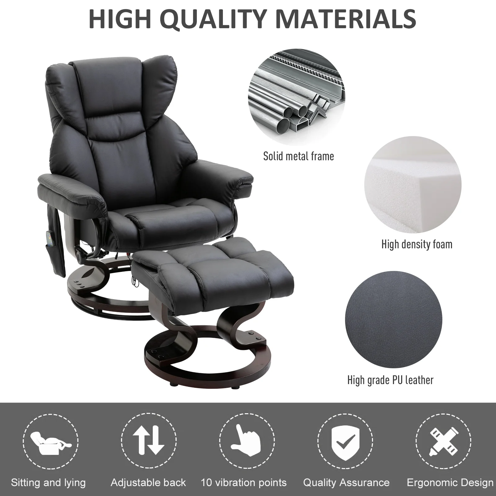 Massage Recliner Chair with Footrest, 10 Vibration Levels, Faux Leather, Black