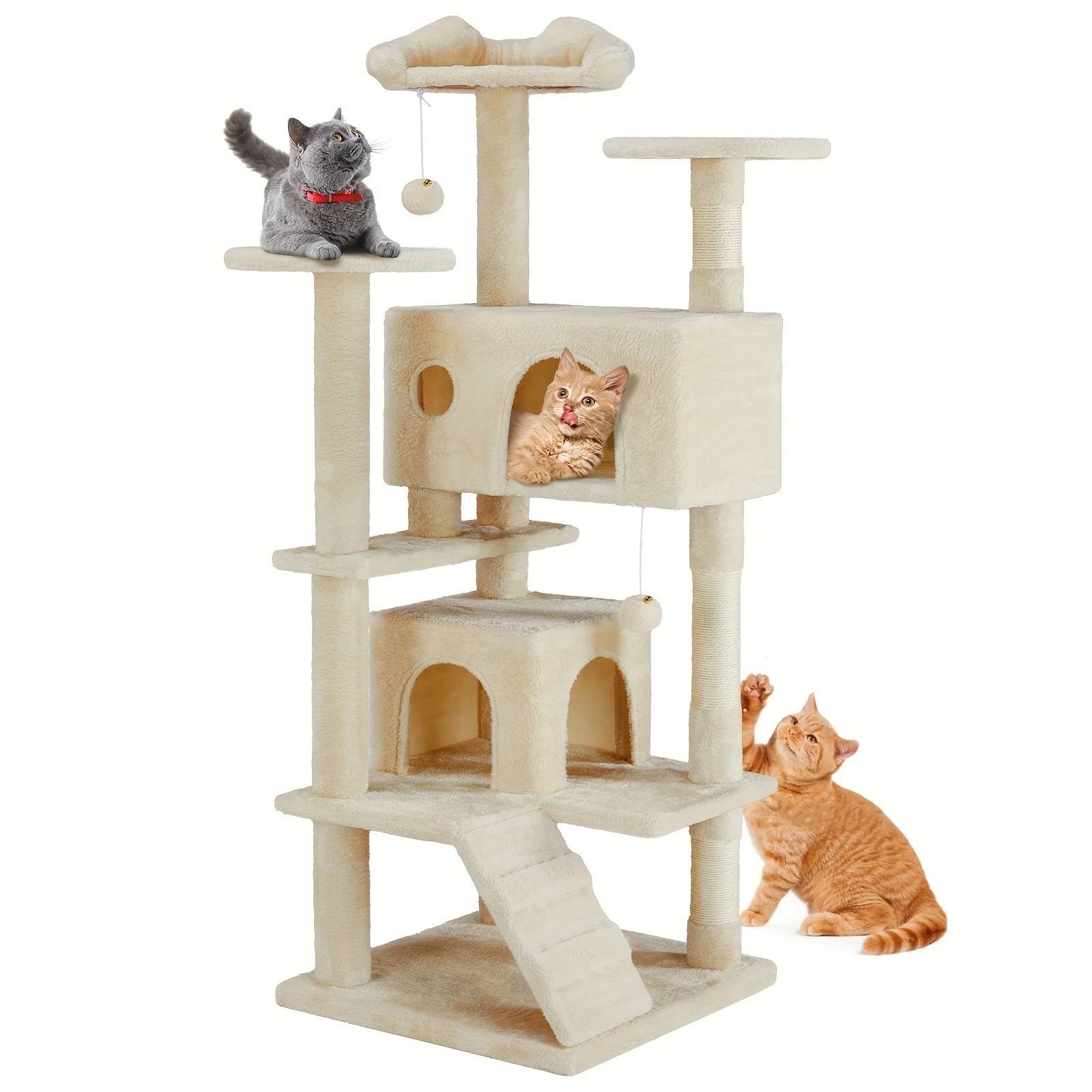 DUMOS, 1pc Cat Tree, Indoor Cats Tree Tower, 54in Multi-Level Cat Tree, Pet Play House Condo, Sisal Scratching Post, 2 Large Cave, Climbing Plate, Plush Ball