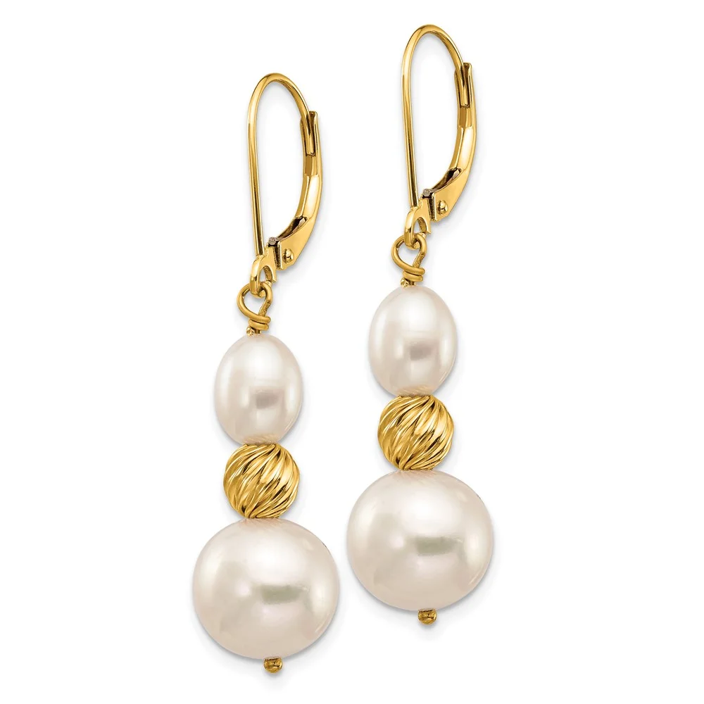 14K 6-10mm White Freshwater Cultured Pearl D/C Bead Leverback Earrings QXF723E