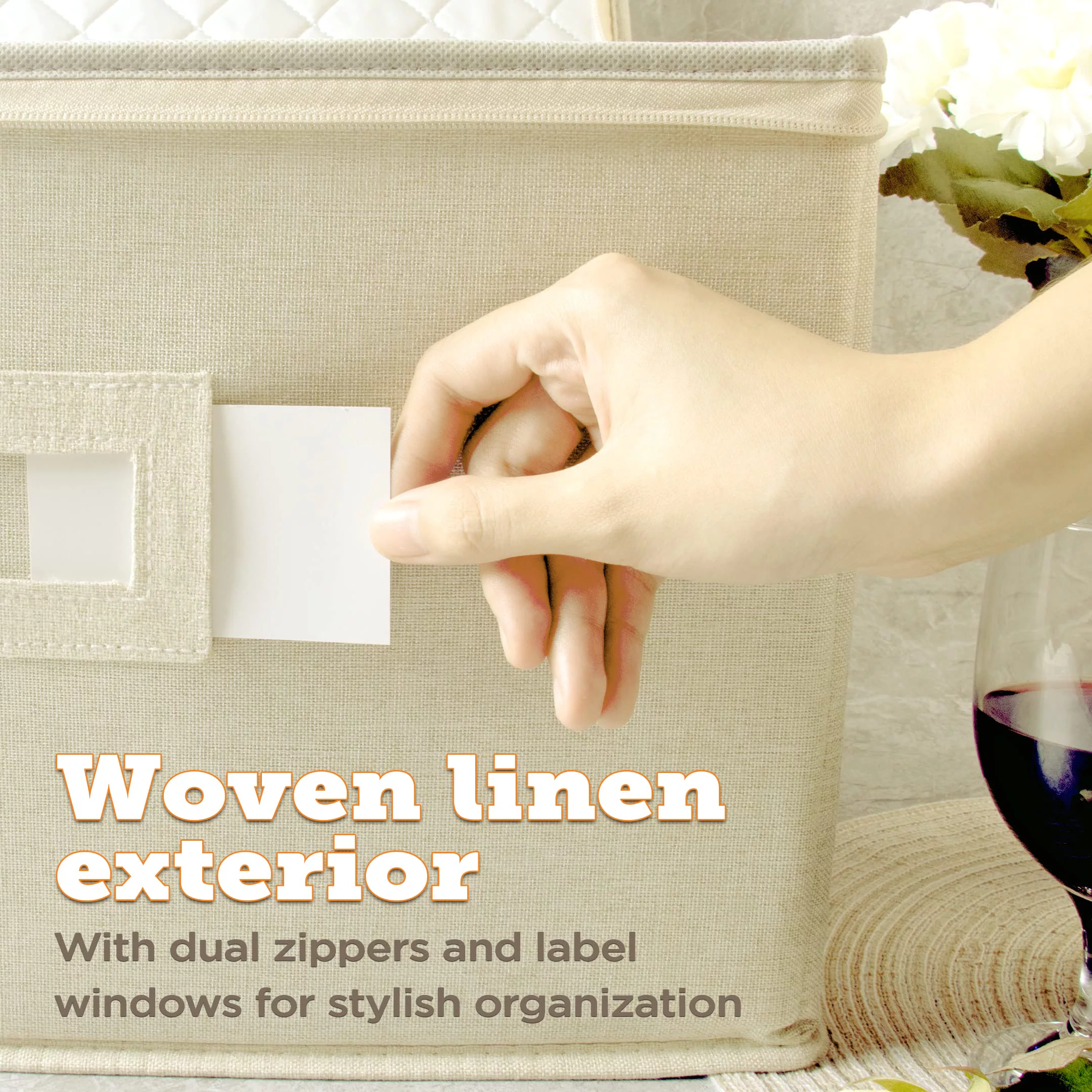 storageLAB Kitchen Organization Wine Glass Storage Box - Quilted, Hard Case Stackable Stemware Storage Cases with Dividers, Double Zippers and Label Holder Windows- Holds 12 Wine Glasses - Cream