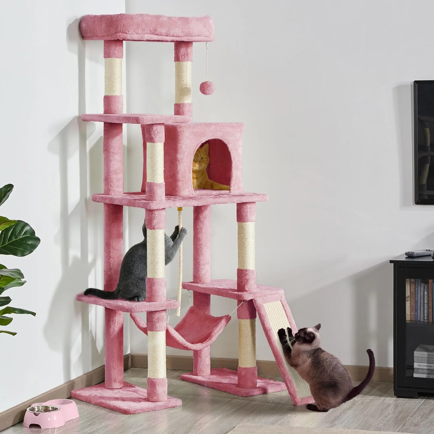 Cat Tree Cat Tower, 63in Multi-Level Cat Tree for Indoor Cats, Tall Cat Tree w/Sisal-Covered Scratching Posts & Condo, Cat Furniture Activity Center for Cats Kitten, Pink