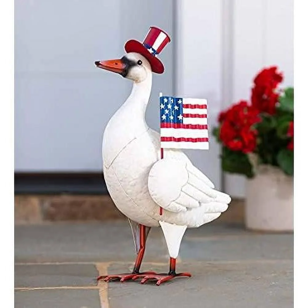 Metal Patriotic Goose Statue With American Flag And Uncle Sam Top Hat, Charming & Cheerful, Whimsical , Textured Details, Lawn Ornaments, Garden Art, 11½