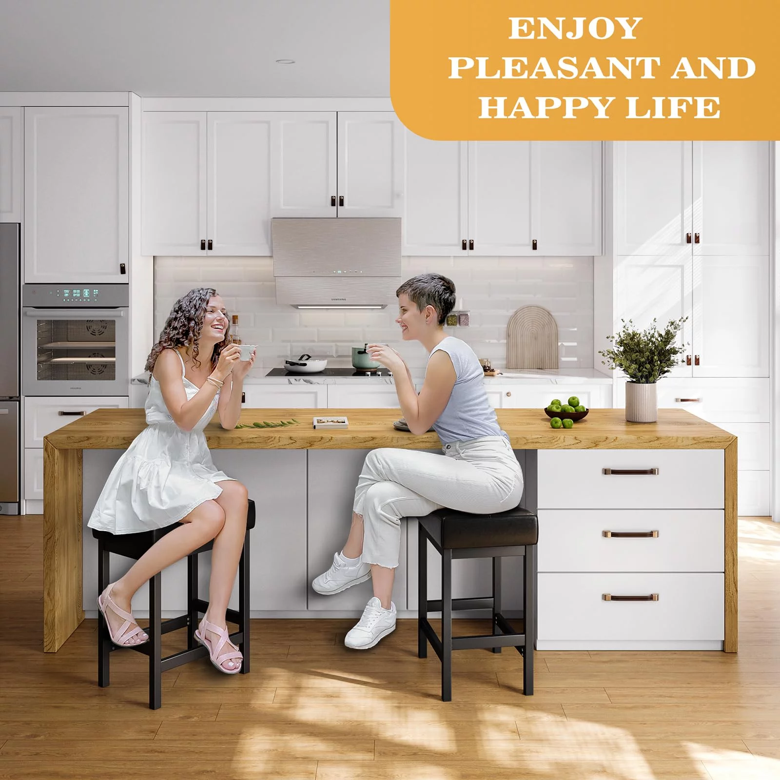 Relefree Bar Stools Set of 2, Counter Height Backless Saddle Stool, Bar Chairs Kitchen Stools with Footrest, Black