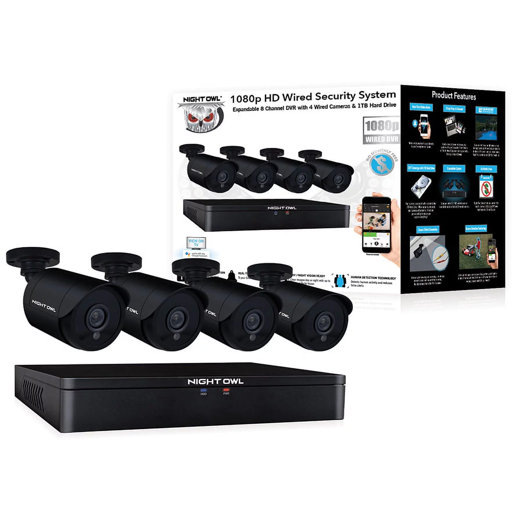 Night Owl 8 Channel 1080p DVR with Human Detection Technology, 1 TB HDD and 4 x 1080p Wired Cameras