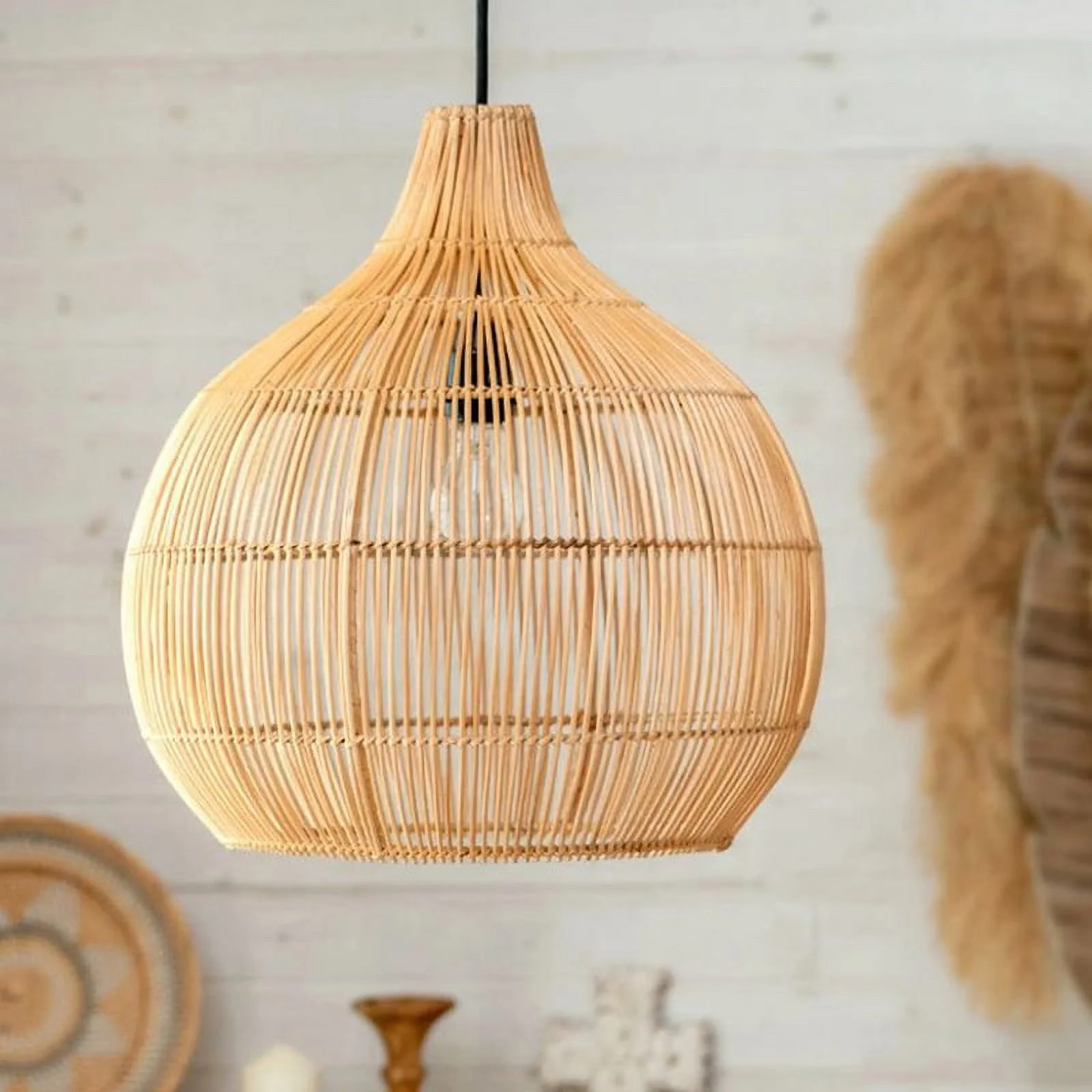 BrightWarmHome Boho Home Decor Kitchen Island Rattan Bamboo Pendant Light Basket Weave Linear Chandelier