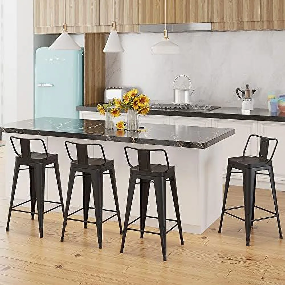 WTYNKAE Metal  Stools Set of 4 Counter Height Stools 26 Inchs Counter Stools with Backs Black  stools with Backs  Height Stools 26" Ergonomic Seat  Low Back  Matte Black