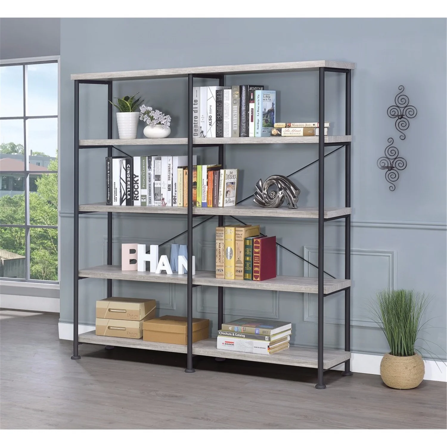 Maykoosh Modern Motifs 63 Inch Industrial 4 Tier Bookshelf, Particleboard, Metal Frame, Gray, Black