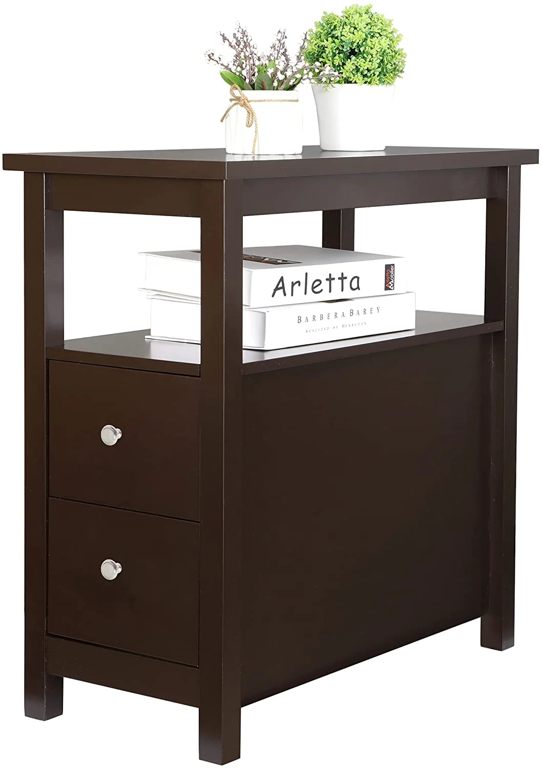Narrow End Table, Slim Sofa Side Table with 2 Drawer and Open Storage Shelf Chairside for Living Room Bedroom Office, Brown