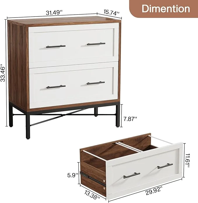 Lateral Filing Cabinet 2 Drawers, Modern File Cabinet for Letter/Legal/A4 Size, Large Storage Cabinets Printer Stand, Black, Gold and Brown