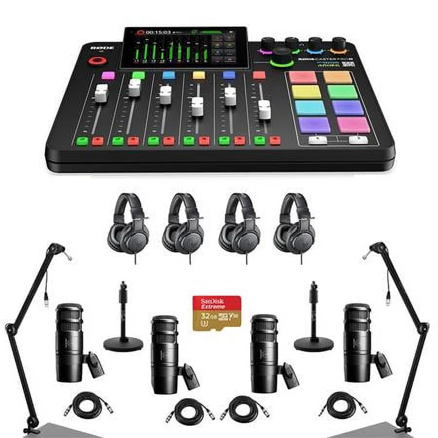 RODECaster Pro II Integrated Audio Production Studio Console Bundle with 4x AT2040 Mic, 4x ATH-M20x Headphones, 2x Broadcast Arm, 2x Mic Stand, 4x M to F XLR Cable, 32GB microSD Card