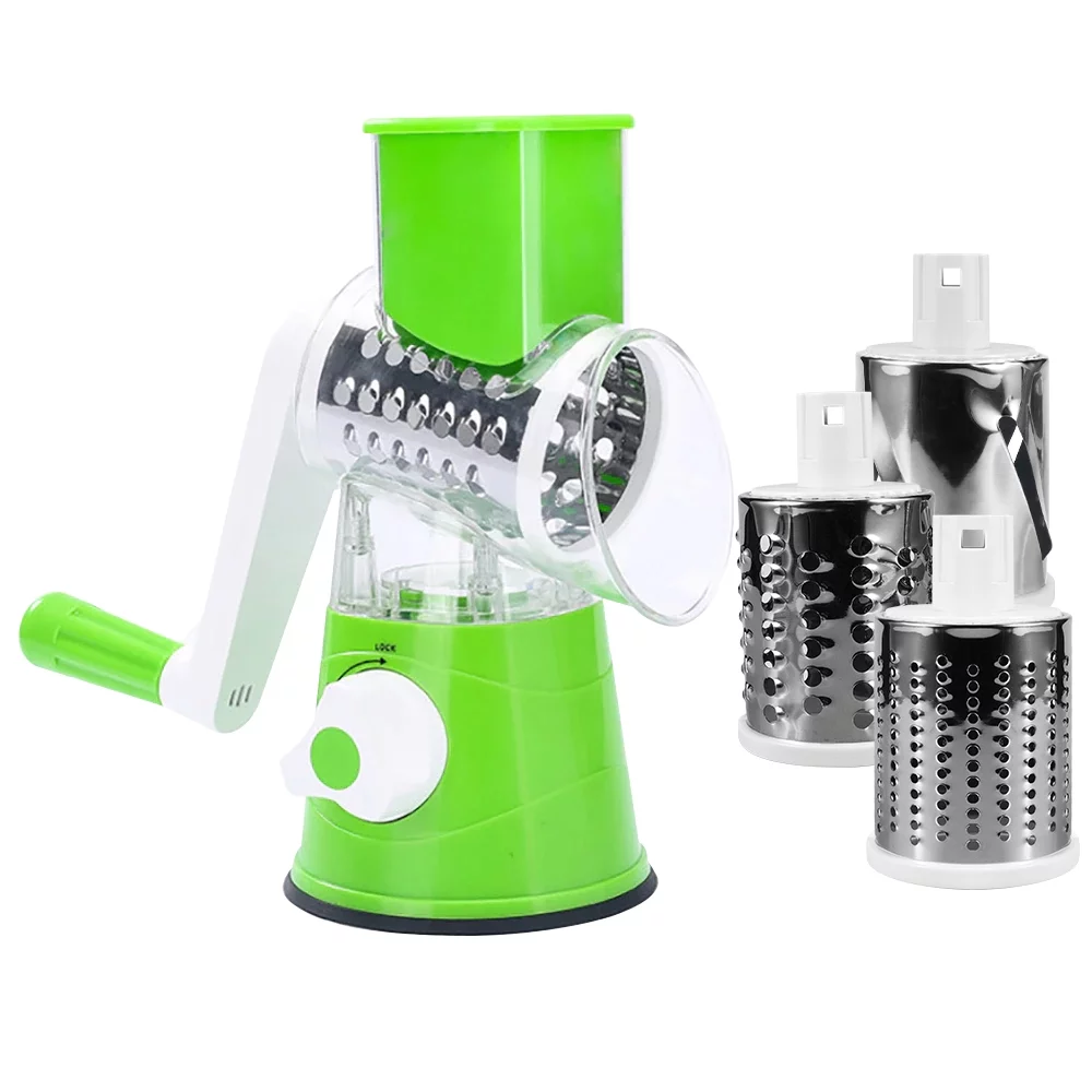 JahyShow Manual Rotary Potato Grater Kitchen Mandoline Vegetable Slicer，with 3 stainless steel vegetable cutting tubes，Easy to use (Green)