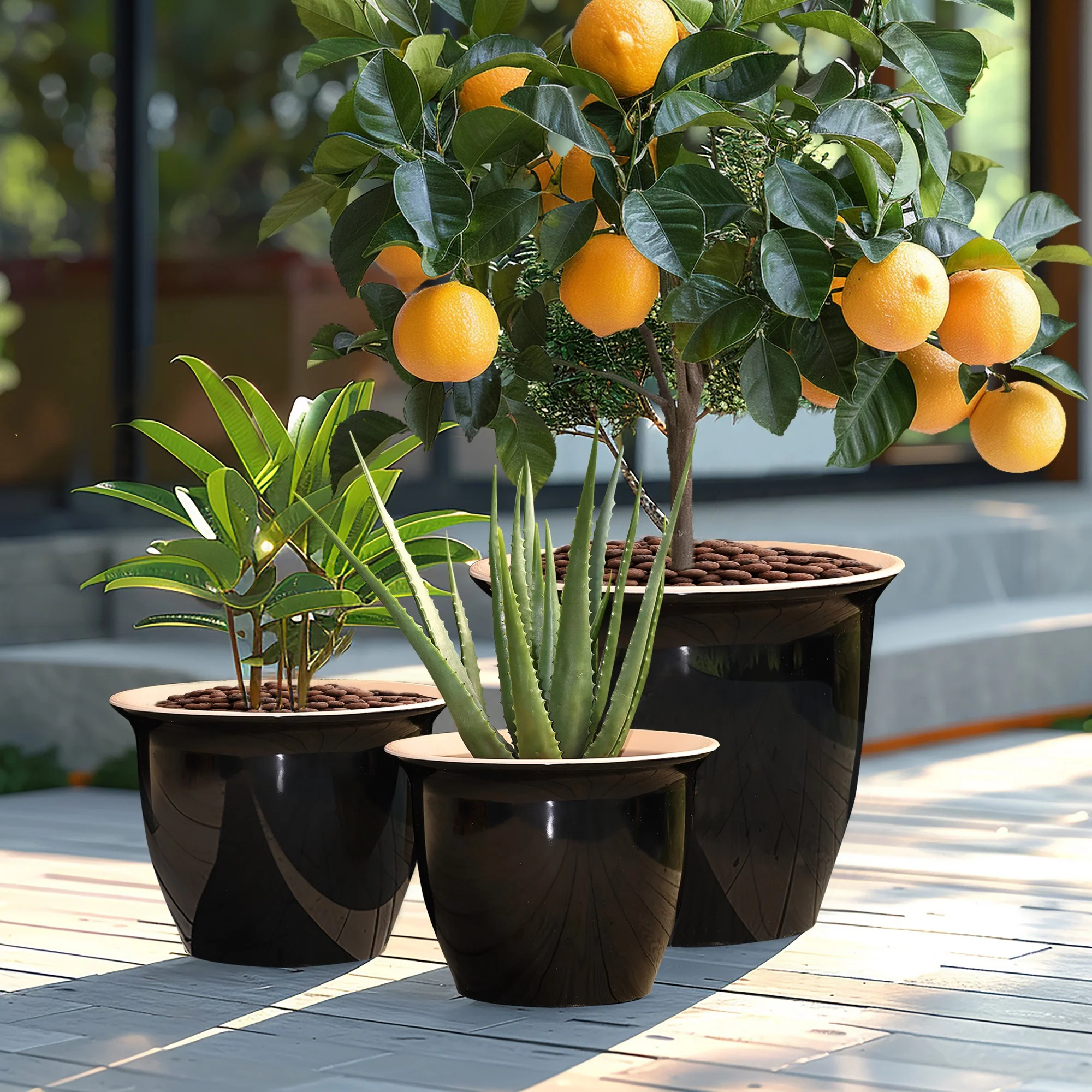 LuxenHome 3-Piece Ebony Black Round Recyled Plastic Planter Set