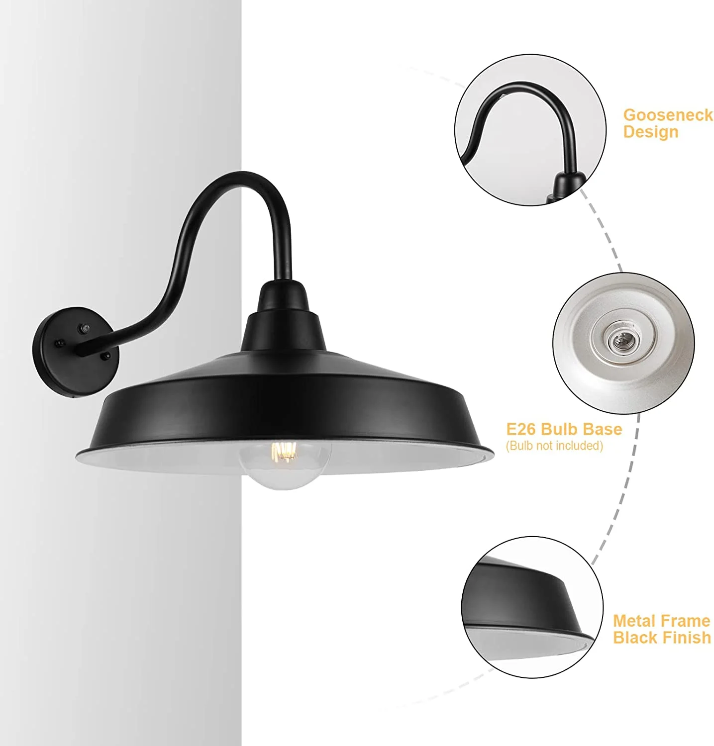 Dusk to Dawn Gooseneck Barn Light Outdoor, 16 Inch Dome Large Farmhouse Exterior Light Fixture Wall Mount, Industrial Outdoor Wall Sconce Outside for House, Shop, Porch, Garage, DDRZ020 BK-3PACK