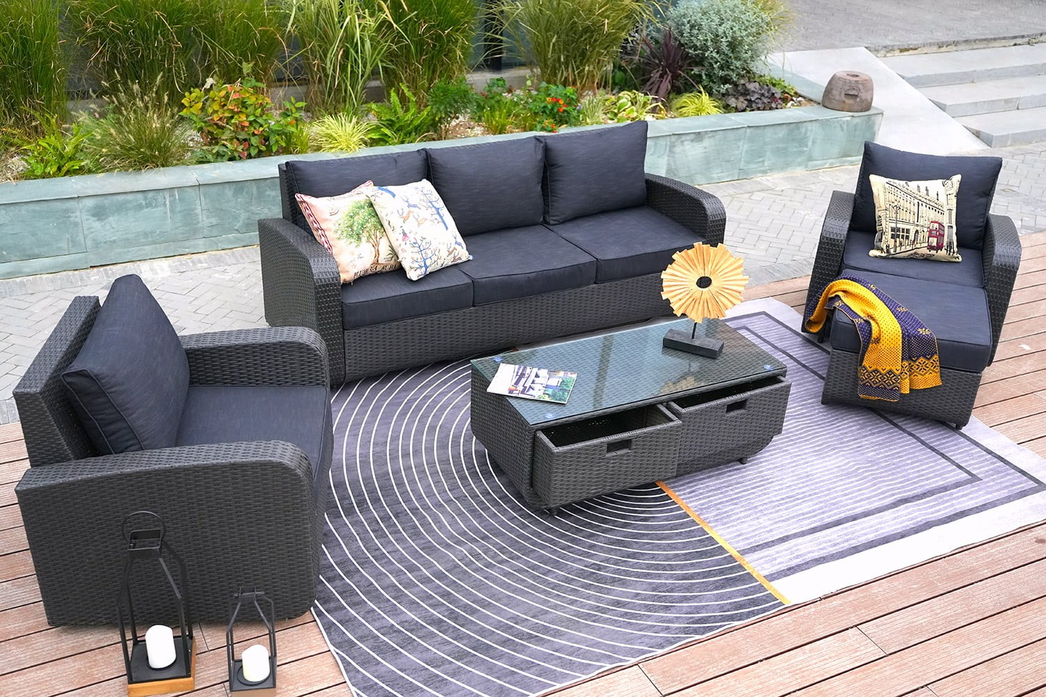 5-Piece Patio Furniture Set Outdoor Wicker Sectional Conversation Sofa with Black Cushions