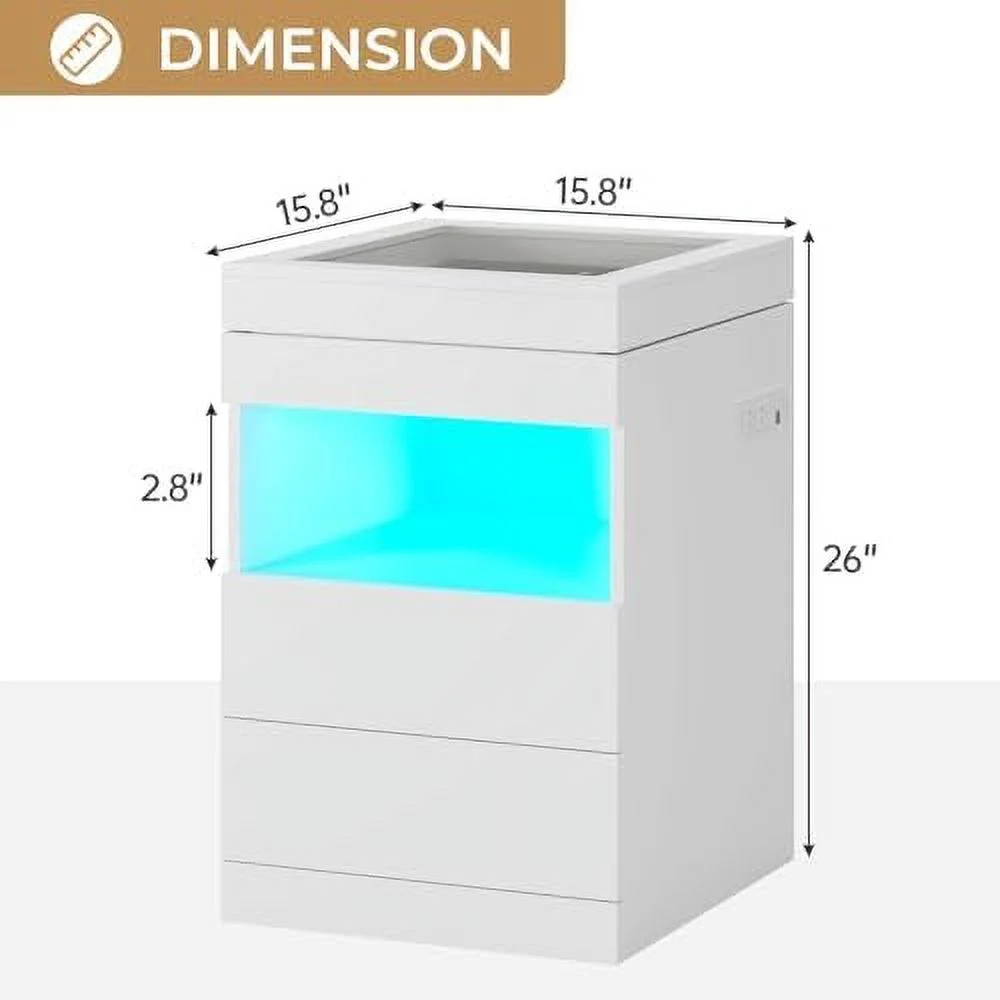 JYHOME LED Nightstand with Charging Station & Sliding Top  Black Night Stand with Glass Top & Jewelry Tray  Bedside Table with Drawers & Pull-Out Tray  Modern  End Table with