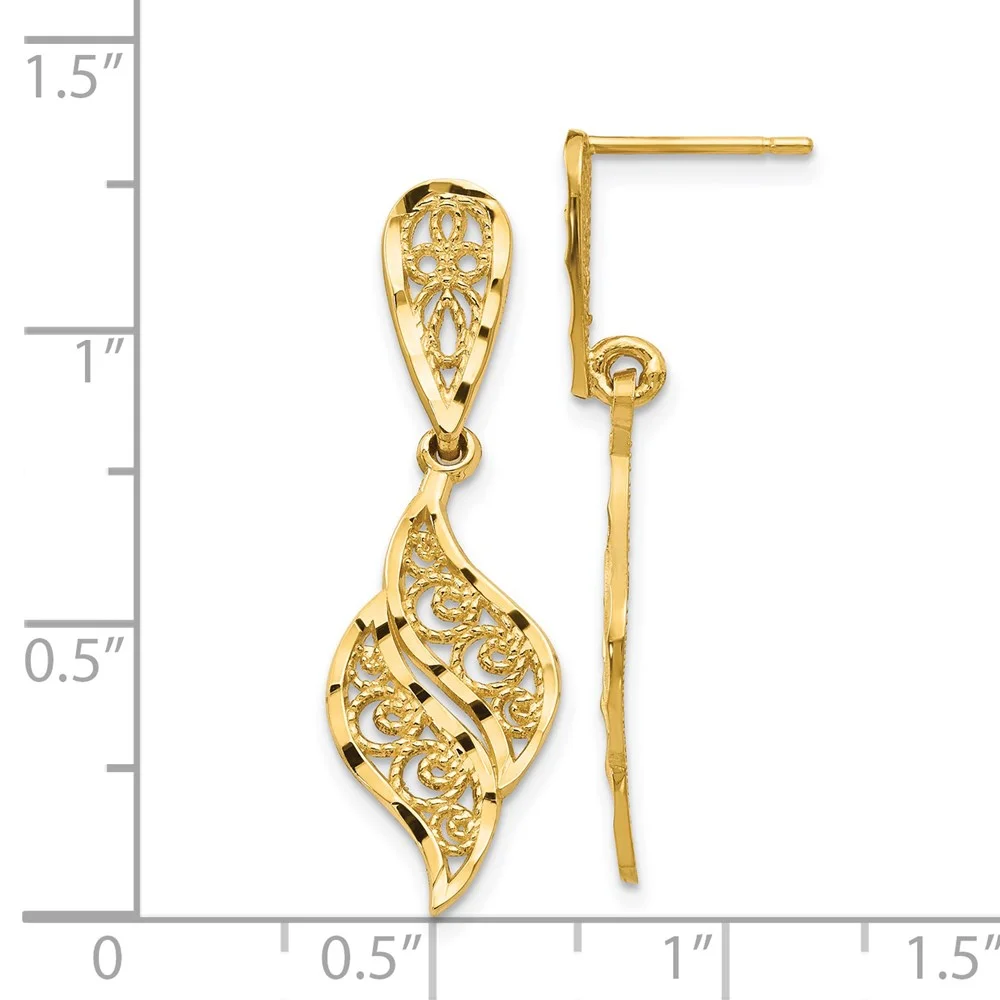 Primal Gold 14 Karat Yellow Gold Polished and Diamond-Cut Filigree Swirl Dangle Post Earrings